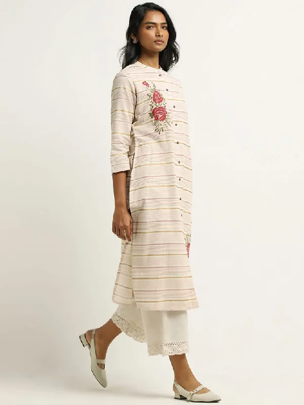 Women's ruffled hem dress pants Cargo women jeans with multiple pockets for added functionality Utsa Pink Floral Embroidered Blended Linen Kurta
