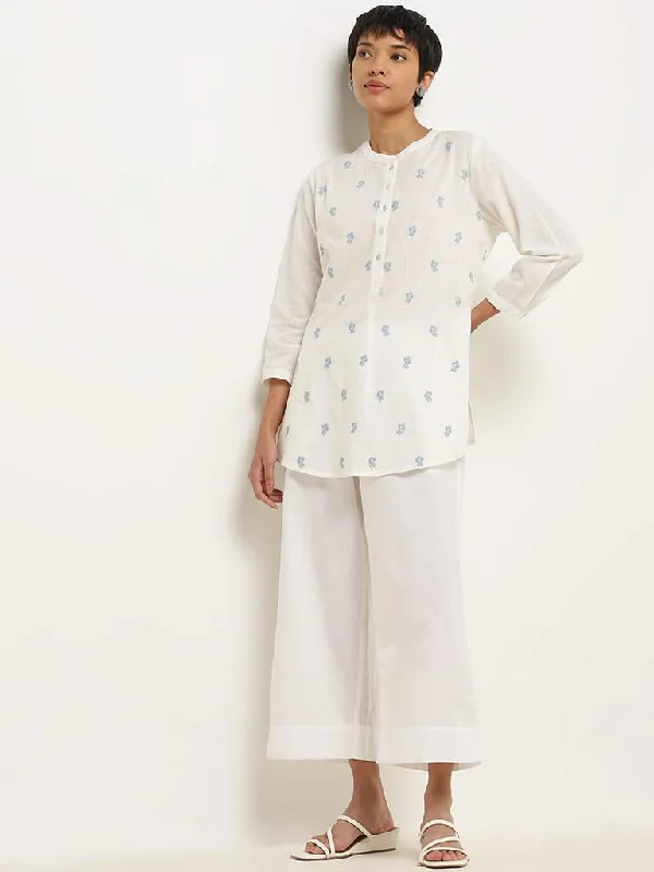 Women's long - sleeve jumpsuit pants Straight - leg women jeans with a classic and timeless appeal Utsa White Cotton Button-Down Tunic