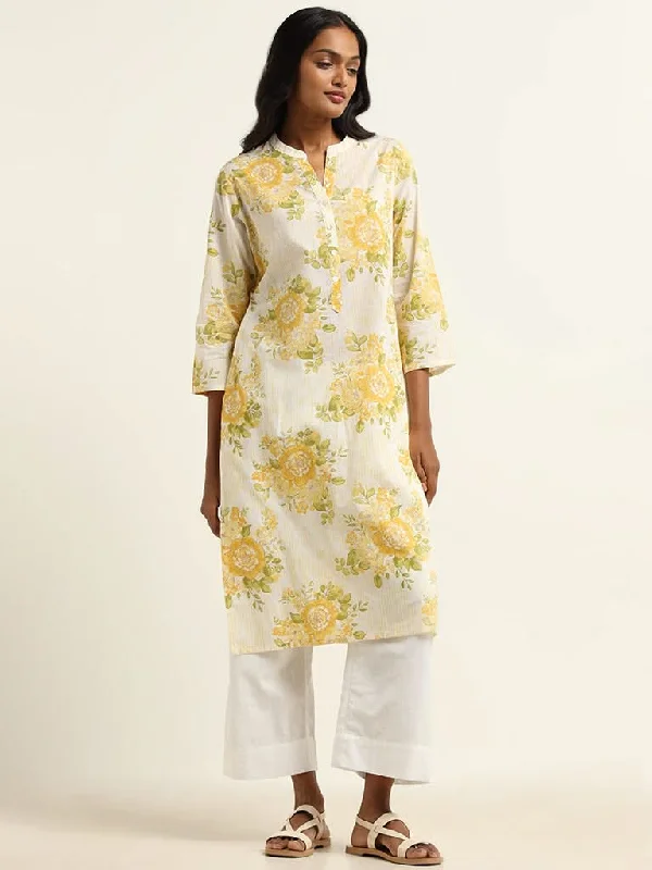 Women's paisley bohemian pants Embroidered women jeans with intricate patterns Utsa Yellow Bold Floral Printed Cotton Kurta