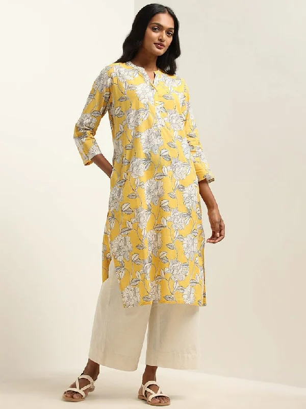 Women's drawstring athletic pants High - rise flare women jeans for a 70s - inspired look Utsa Yellow Floral Kurta