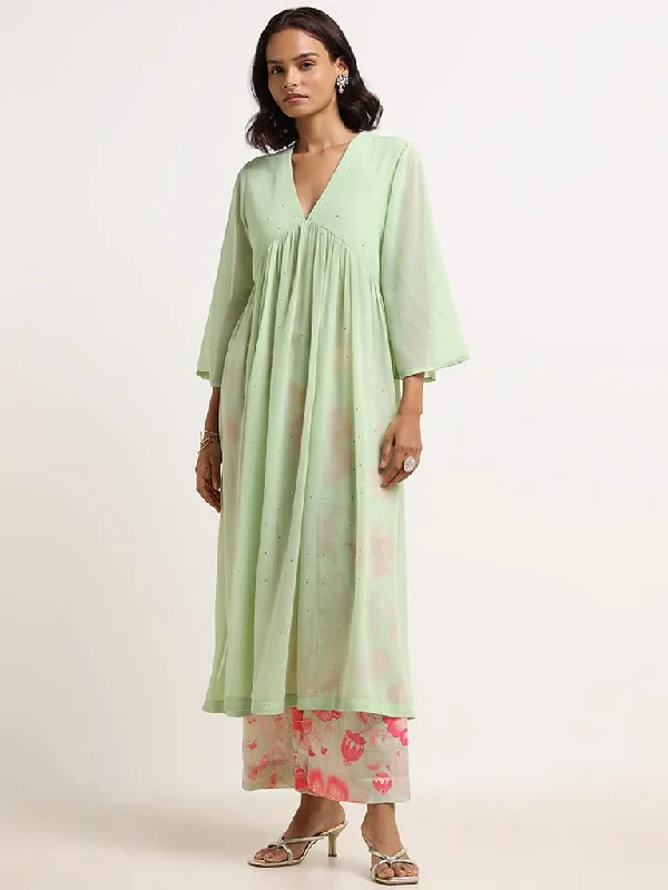 Women's silk evening pants Stretch women jeans for enhanced mobility and comfort Vark Green Embellished Kurta & Palazzos Set