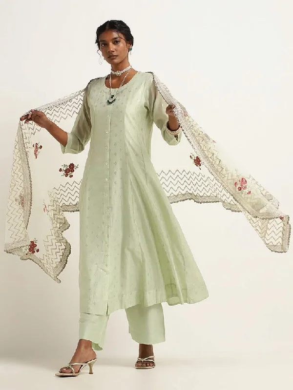 Women's pocket - equipped casual pants Button - fly women jeans with a traditional touch Vark Green Embroidered Kurta, Inner, Pants & Dupatta Set