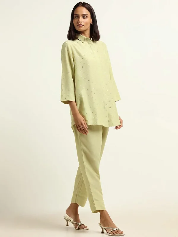 Women's pants with mesh panels Jeggings women jeans combining the comfort of leggings and style of jeans Vark Green Glitter Printed Cord Set