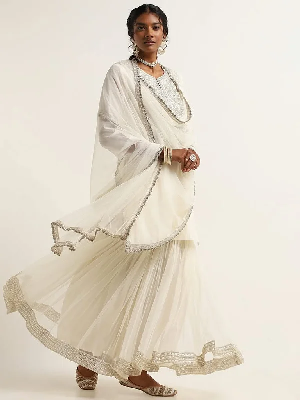 Women's embroidered ethnic pants Ripped women jeans for a rebellious and fashion - forward style Vark White Kurta, Sharara & Dupatta Set
