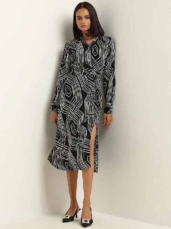 Women's pants with stretch panels Light - wash women jeans for a fresh and summery appearance Wardrobe Black Printed Collared Dress