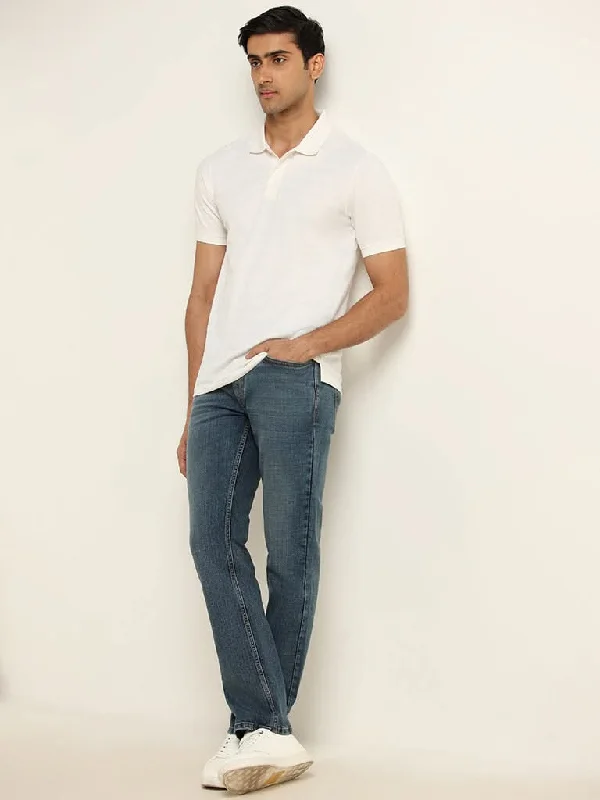 Women's linen summer pants High - rise flare women jeans for a 70s - inspired look WES Casuals Blue Washed Straight-Fit Mid Rise Jeans