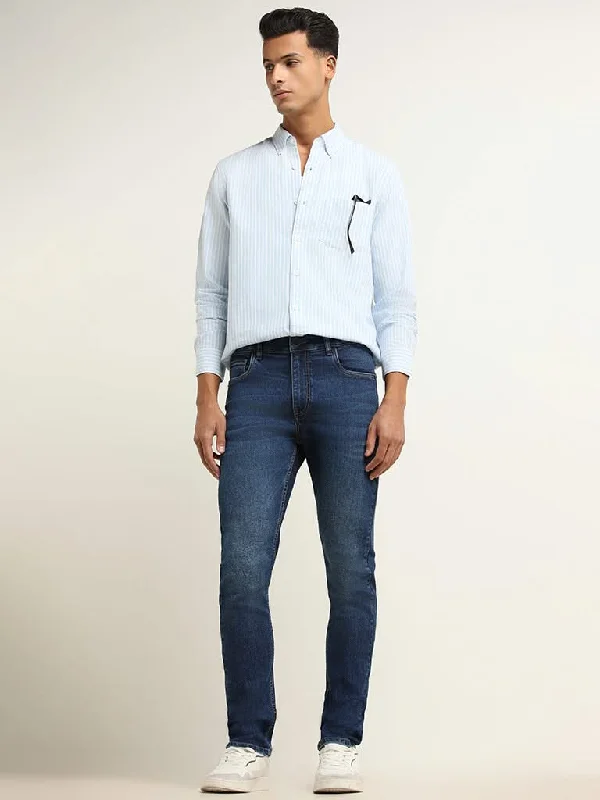 Women's straight - leg lounge pants Mom jeans for a nostalgic and casual look WES Casuals Plain Blue Slim Fit Mid Rise Jeans