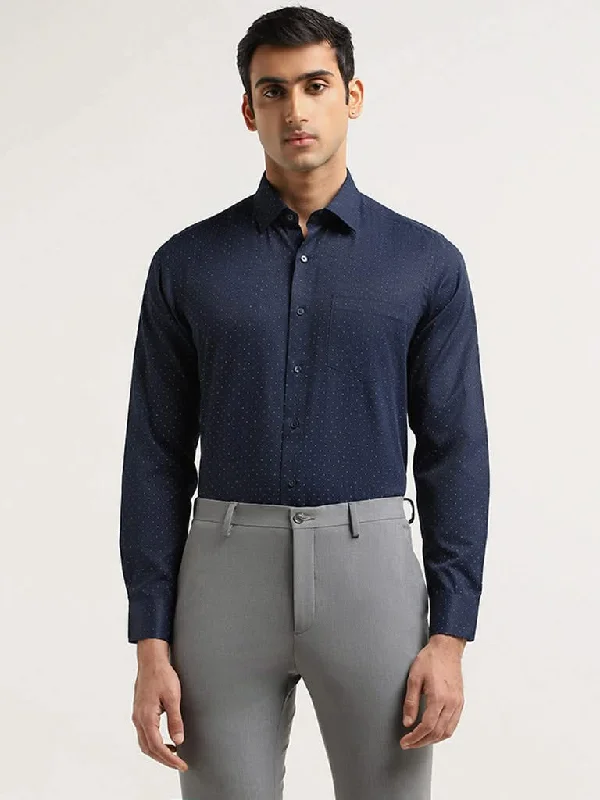 Women's pants for cocktail parties Distressed women jeans for a trendy and edgy look WES Formals Navy Polka-Dotted Cotton Slim Fit Shirt