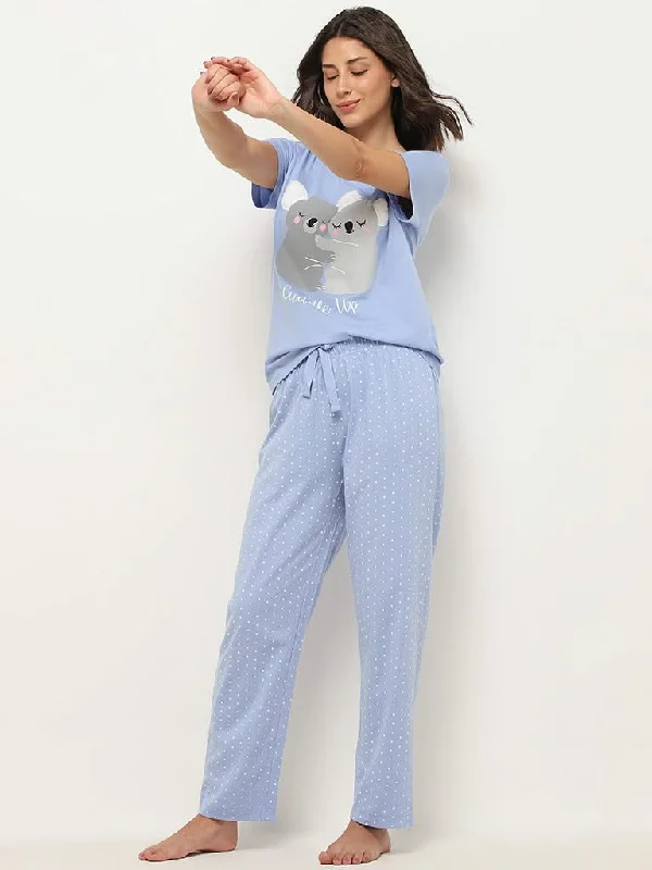 Women's lace - trimmed evening pants Light - wash women jeans for a fresh and summery appearance Wunderlove Blue Cotton Polka Dots Pyjamas Set In A Bag Women's lace - trimmed evening pants Light - wash women jeans for a fresh and summery appearance Wunderlove Blue Cotton Polka Dots Pyjamas Set In A Bag