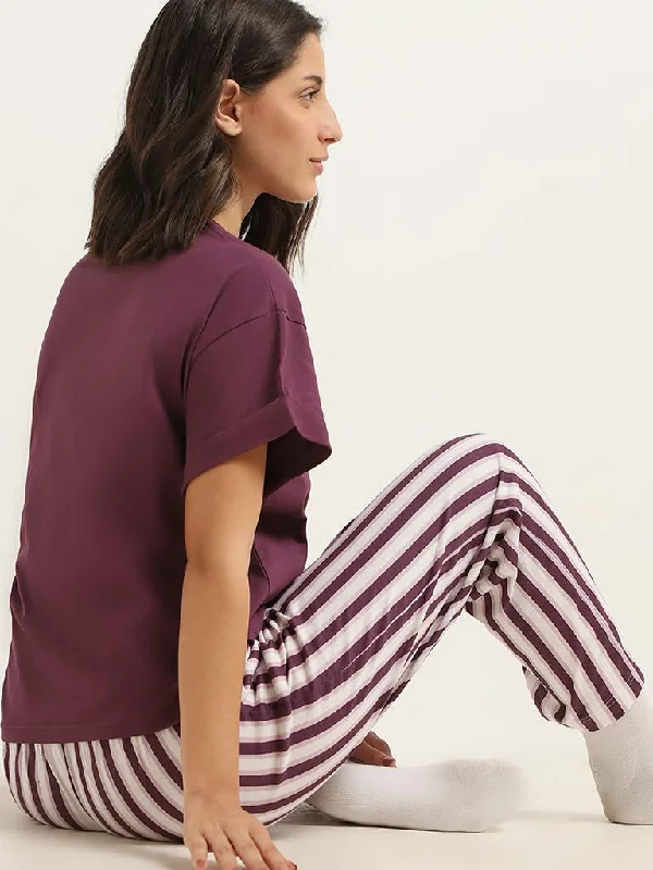 Women's summer - weight linen pants High - waisted women jeans for a flattering silhouette Wunderlove Purple Striped Cotton Pyjamas Women's summer - weight linen pants High - waisted women jeans for a flattering silhouette Wunderlove Purple Striped Cotton Pyjamas
