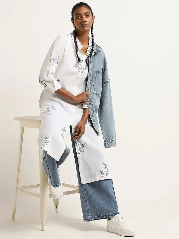 Women's two - piece pant set Ripped women jeans for a rebellious and fashion - forward style Zuba Blue Printed Cotton Collared Kurta