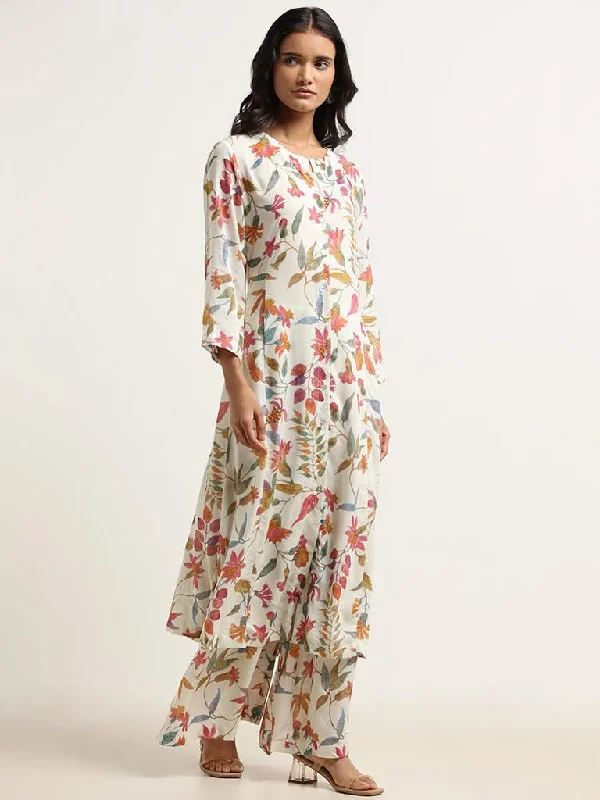 Women's pants for outdoor adventures Dark - wash women jeans for a sophisticated and slimming effect Zuba Off-White Floral Cotton Kurta