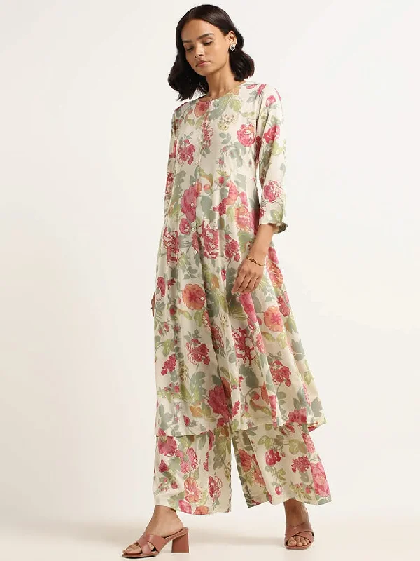 Women's pants with stretch panels Light - wash women jeans for a fresh and summery appearance Zuba Off-White Floral Kurta Women's pants with stretch panels Light - wash women jeans for a fresh and summery appearance Zuba Off-White Floral Kurta