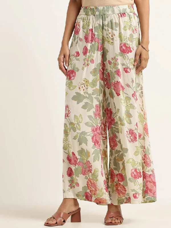 Women's one - piece jumpsuit pants Embroidered women jeans with intricate patterns Zuba Off-White Floral Palazzos Women's one - piece jumpsuit pants Embroidered women jeans with intricate patterns Zuba Off-White Floral Palazzos