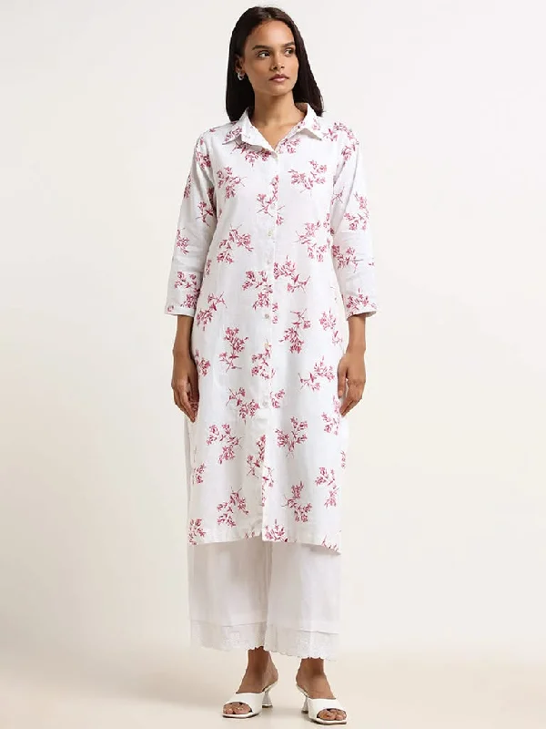 Women's eco - friendly organic pants Mom jeans for a nostalgic and casual look Zuba White Cotton Collared Kurta