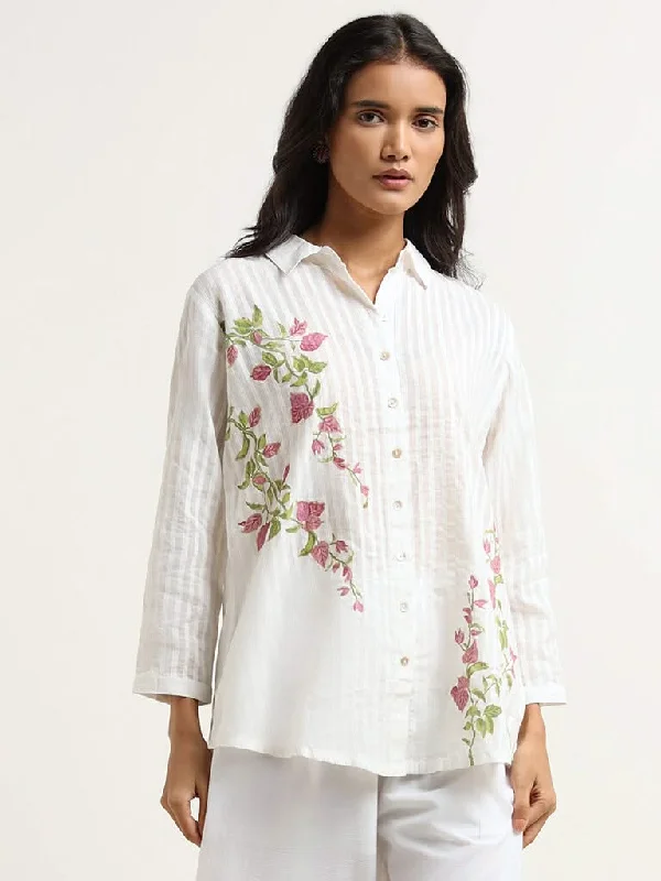 Women's pants with moisture - wicking technology High - rise flare women jeans for a 70s - inspired look Zuba White Printed Cotton Tunic
